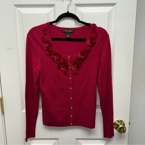 White House Black Market Red Cardigan with Floral Accents